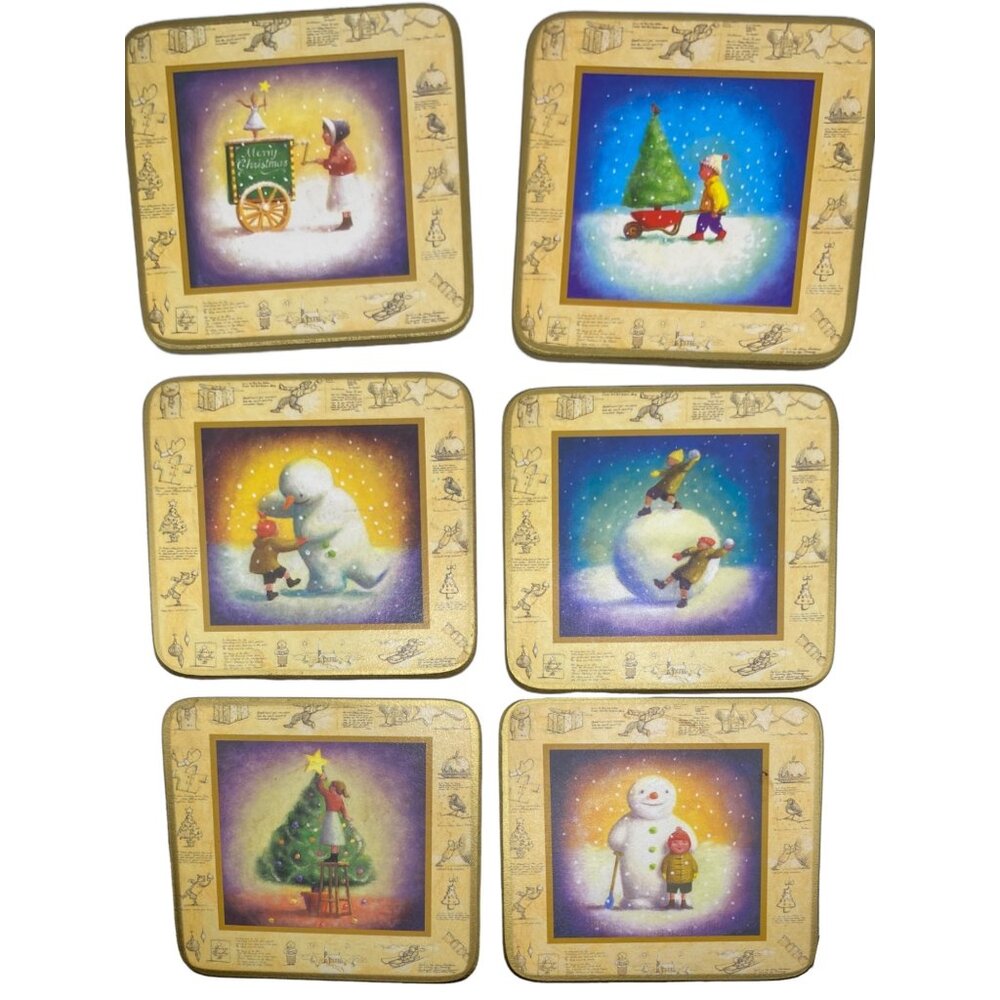 Christmas Style Coasters Set Of 6 - Cork backing Holiday Winter Tree Snowman